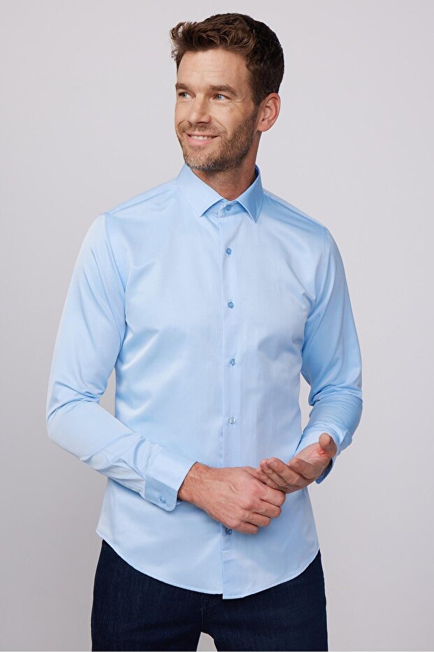 Slim Fit Long Sleeve Cotton Plain Men's Blue Shirt