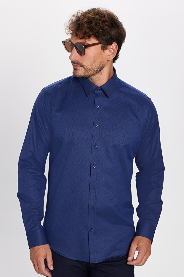Men's Modern Fit Slim Fit Cotton Easy-Iron Dobby Navy Blue Shirt