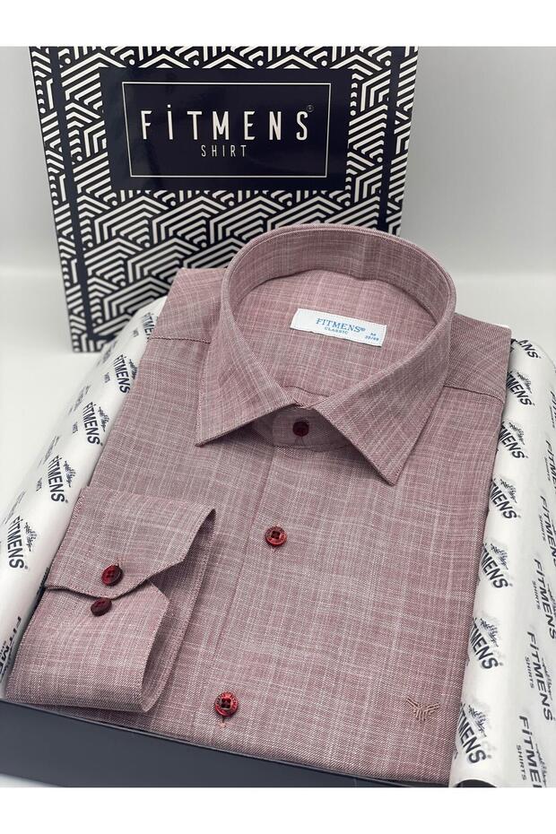 Classic Long Sleeve Pocketless Linen Collar Buttoned at Bottom Men's Shirt with Gift Box Fs-003686 - Dark Burgundy