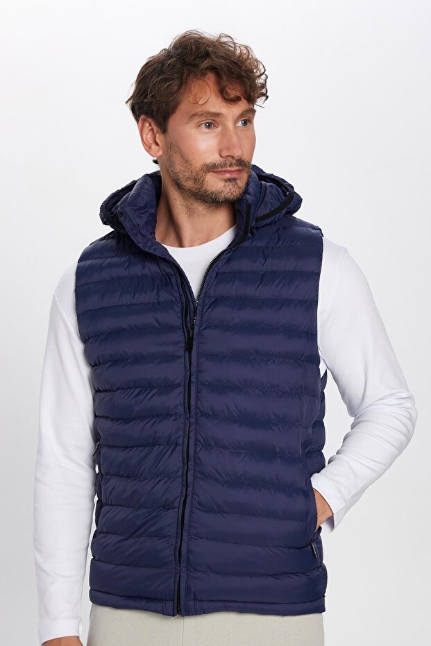 Men's Slim Fit Wind-Resistant Navy Blue Inflatable Vest with Pockets and Removable Hood