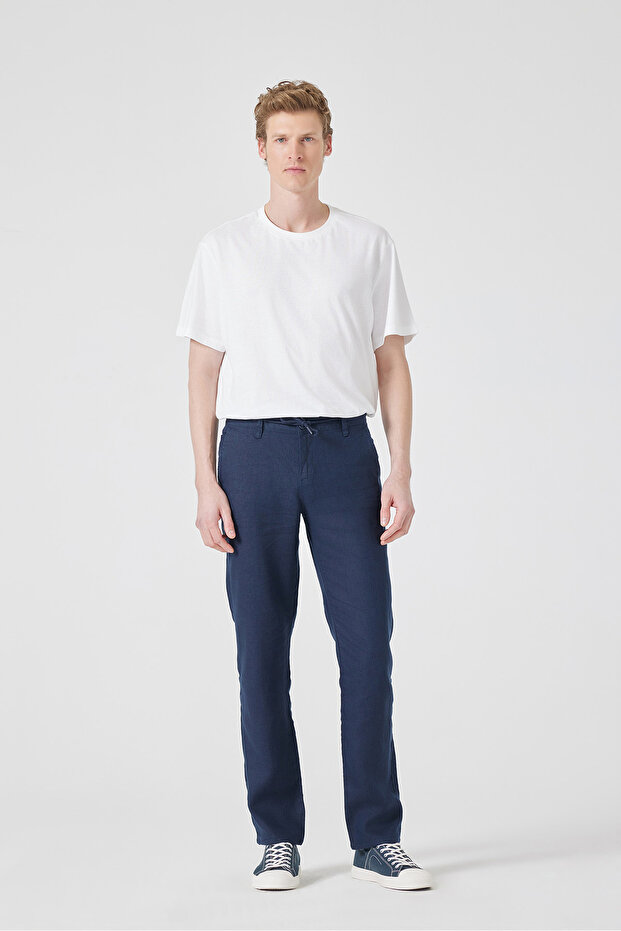 Dark Navy Blue 100% Linen Trousers with Elastic Waist