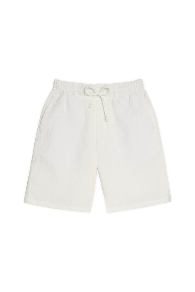 Men's Regular Relaxed Fit Ecru Bermuda Shorts with Elastic Waistband and Drawstring Side Pockets - 4