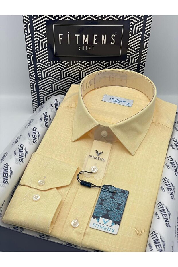 Classic Long Sleeve Pocketless Linen Collar Buttoned Bottom Men's Shirt with Gift Box Fs-003686 - Yellow