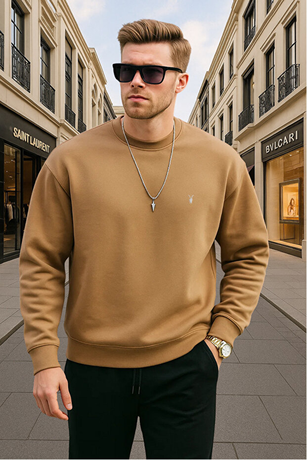 Caramel Color Basic Crew Neck Relaxed Regular Men's Sweatshirt - 4