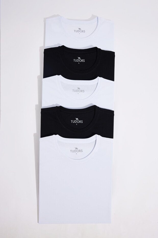 Unisex 5 Pack Black-White Slim Fit Slim Fit 100% Cotton Crew Neck T-Shirt