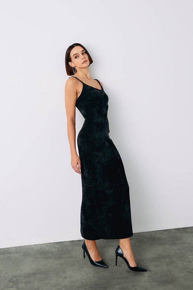 Strappy Velvet Midi Dress - Black
