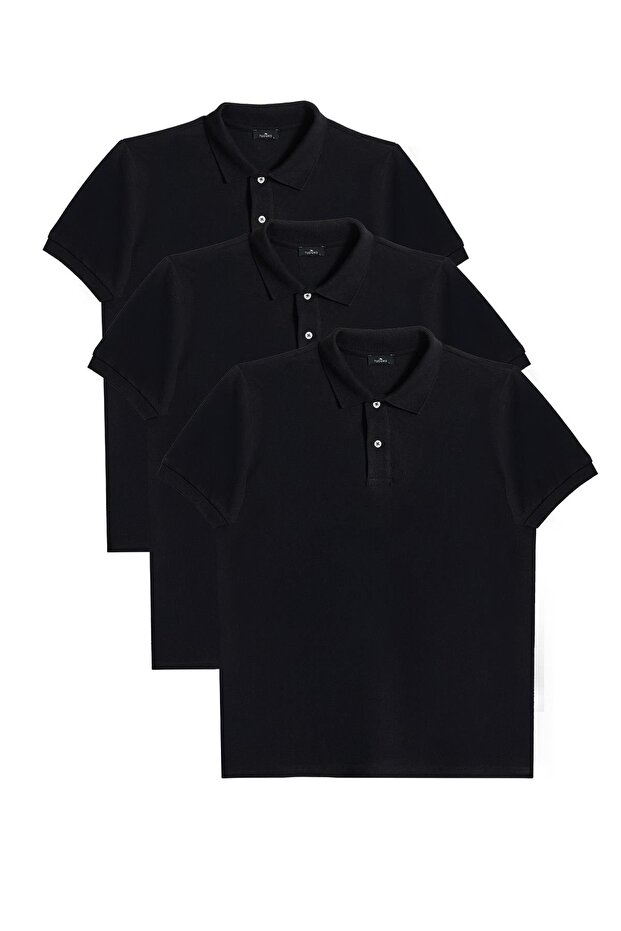 Men's 3-Pack Black Slim Fit Slim Fit Cotton Solid Pique Polo Neck T-Shirt