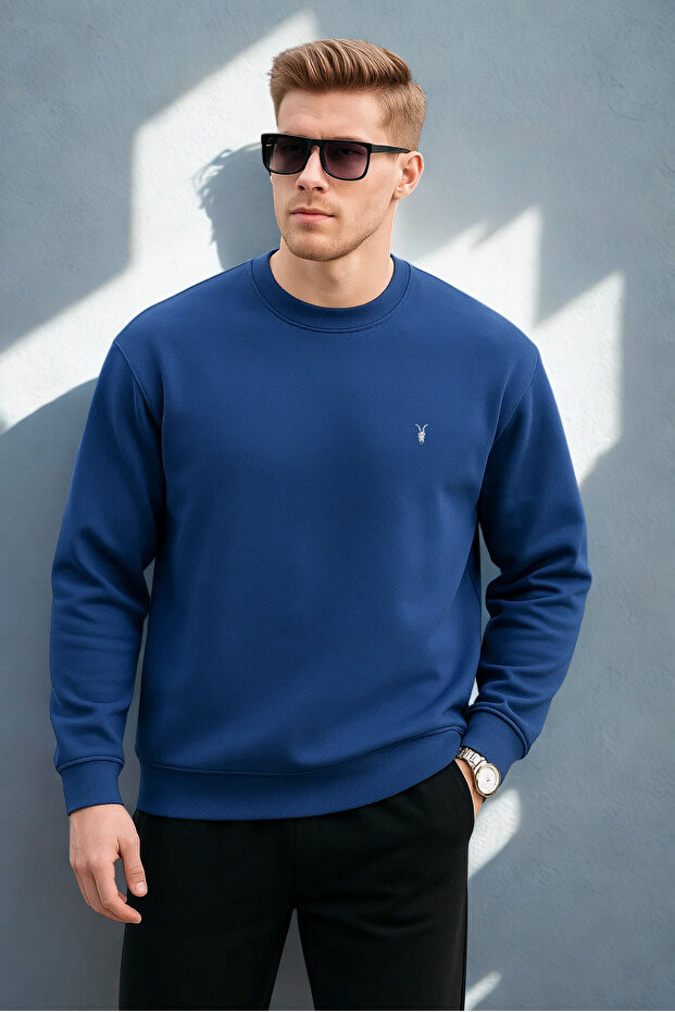 İndigo Renk Basic Bisiklet Yaka Relaxed Regular Erkek Sweatshirt - 2