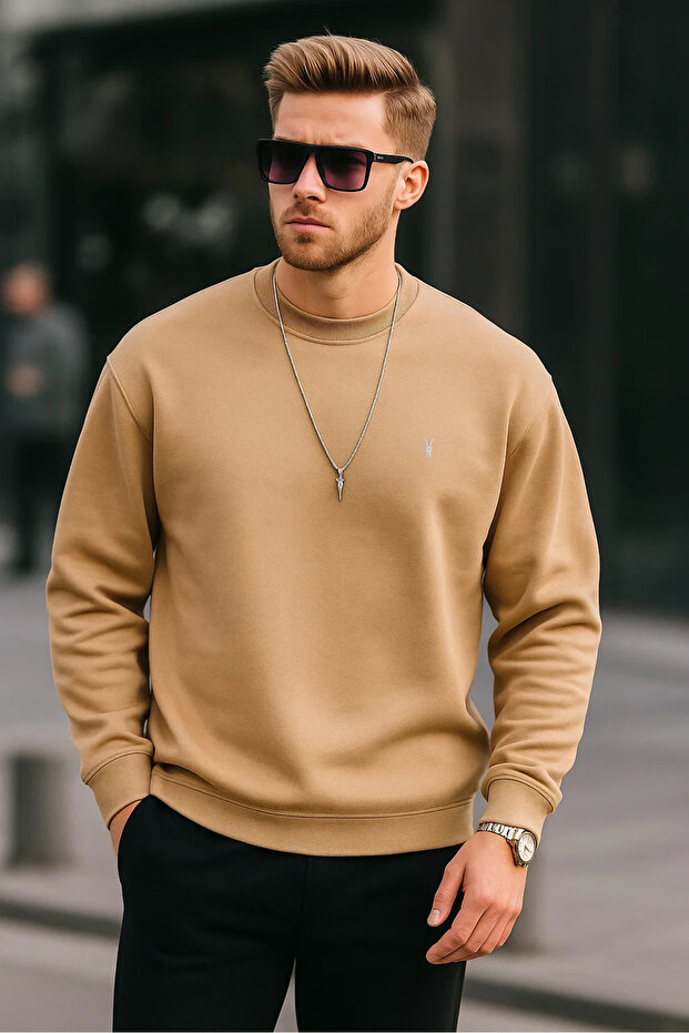 Caramel Color Basic Crew Neck Relaxed Regular Men's Sweatshirt - 2