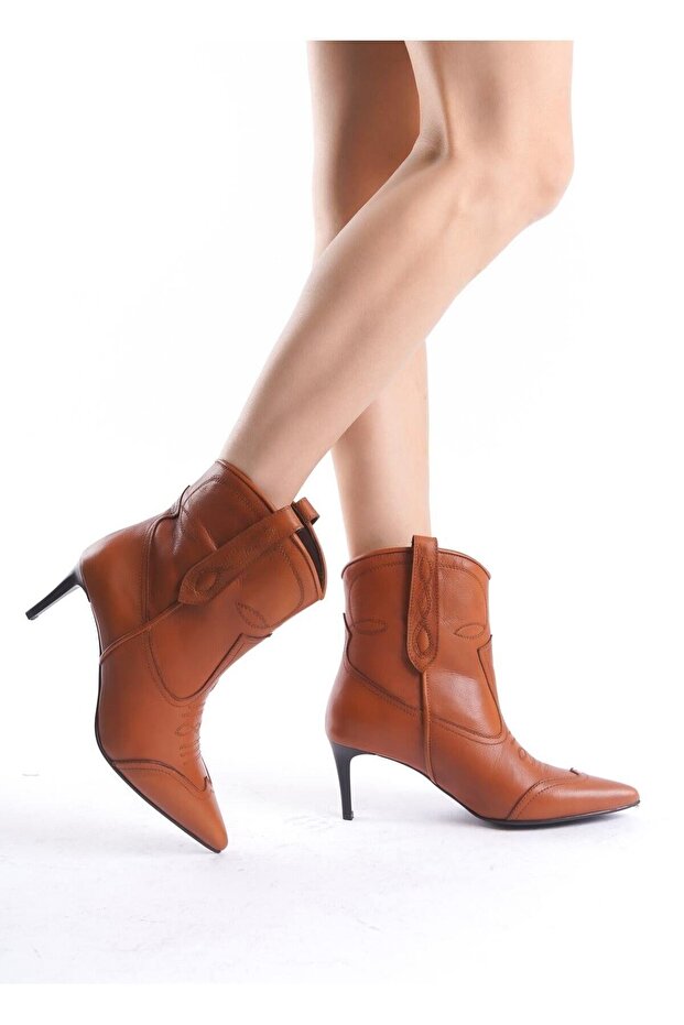 Mubiano Genuine Leather Collection Thin Heeled Western Boots Brown - Mcsr1924 - Tb