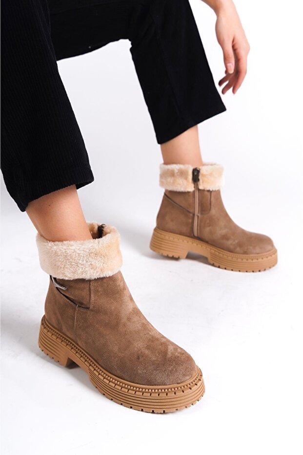 Mbibr205-N Women's Nude Suede Collar Fur Thick Thermo Sole Short Boots & Bootie