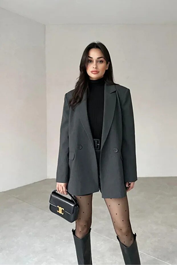 Kadın Tek Düğmeli Antrasit Blazer Ceket - 1