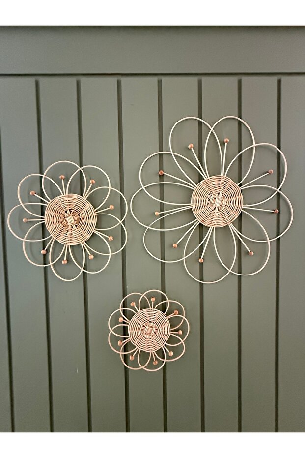 Rattan çiçek duvar dekoru 3’lü set - duvar tabağı - bohem duvar süsü - 2