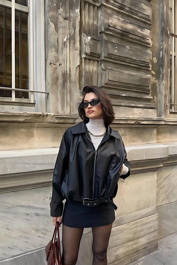 Luvren New Season Pb Oversized Bomber Belted Black Leather Jacket