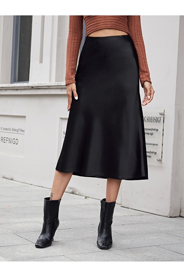 Women's Stylish Black Satin Midi Flared Skirt