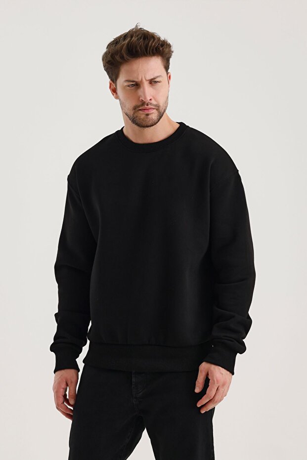 Siyah Bisiklet Yaka Oversize Şardonlu Basic Erkek Sweatshirt - 3