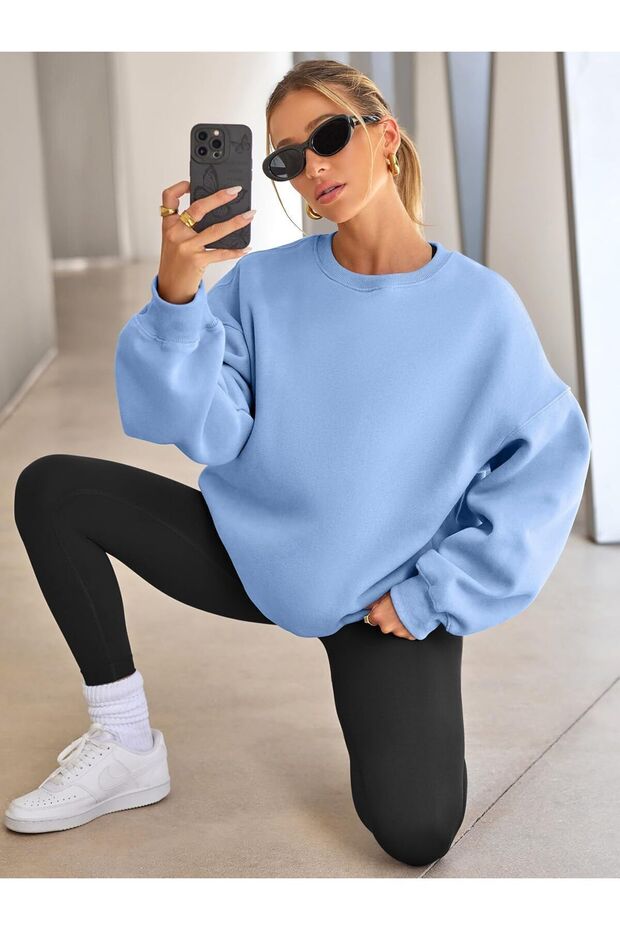 Kadın Bisiklet Yaka Basic Oversize Sweatshirt BEBE MAVİ - 1