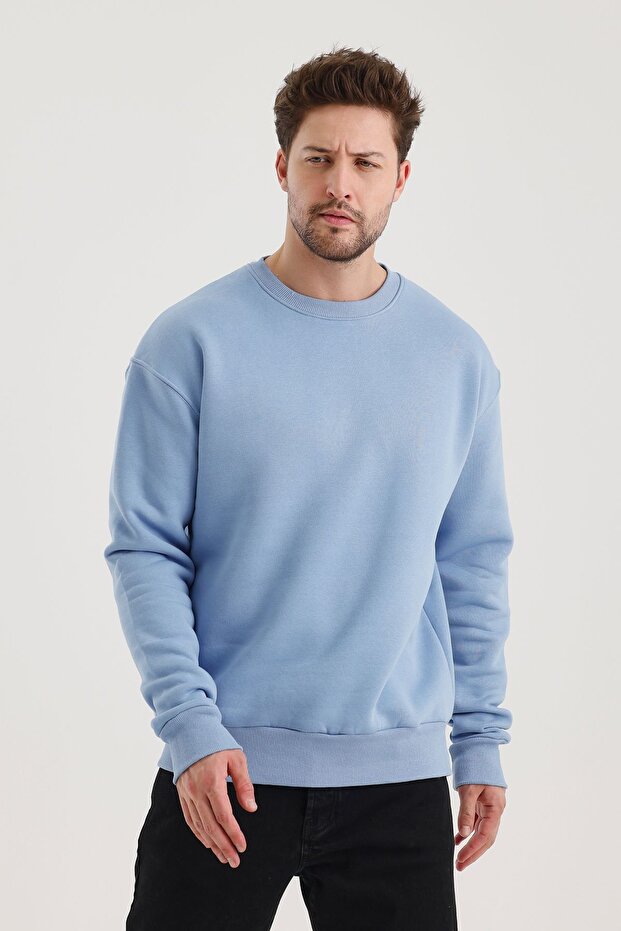 Açık Mavi Bisiklet Yaka Oversize Şardonlu Basic Erkek Sweatshirt - 4