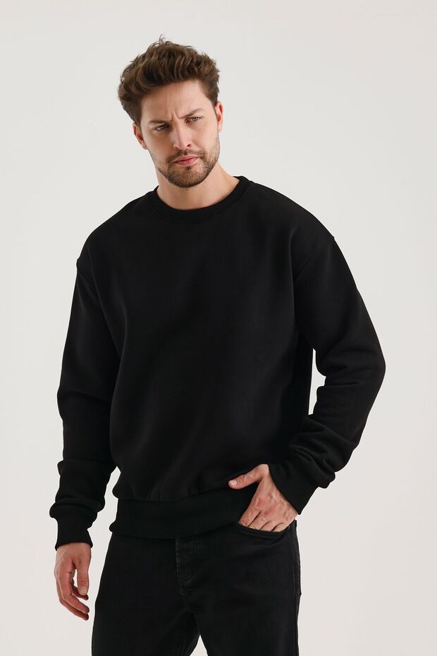 Siyah Bisiklet Yaka Oversize Şardonlu Basic Erkek Sweatshirt - 7
