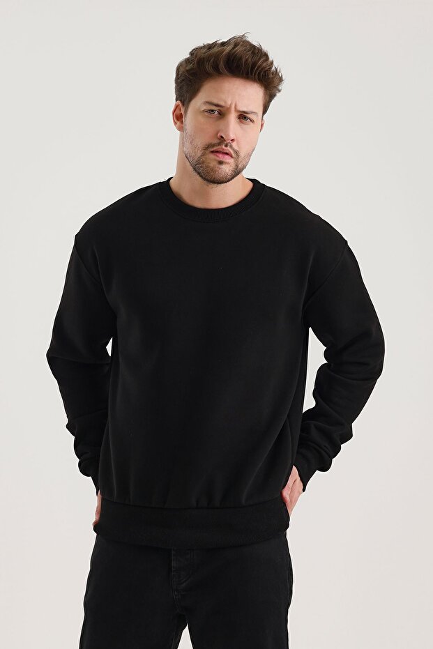 Siyah Bisiklet Yaka Oversize Şardonlu Basic Erkek Sweatshirt - 4