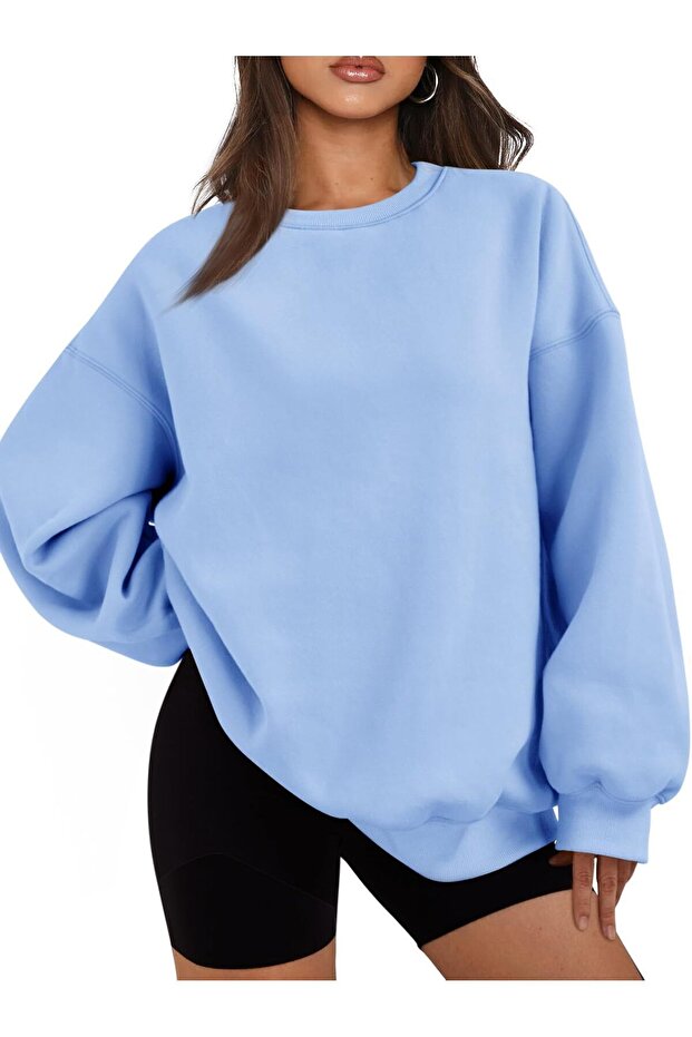 Kadın Bisiklet Yaka Basic Oversize Sweatshirt BEBE MAVİ - 3