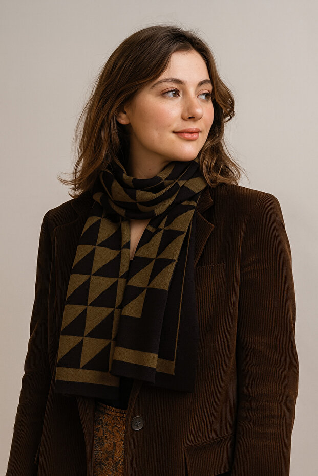 Üçgen Desenli Triko Örme Atkı - 2