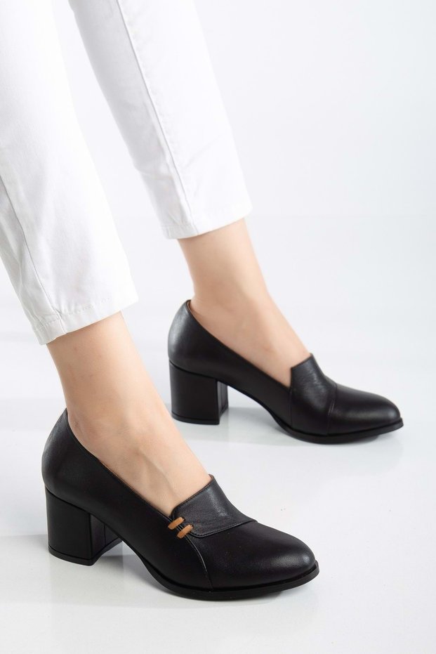 Women's genuine leather piping heeled shoes - black