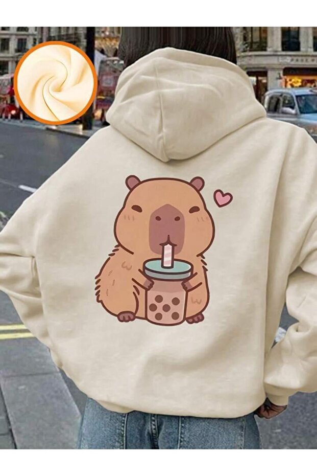 Capybara Back Printed Beige Hooded Kangaroo Pocket Sweatshirt Hodie