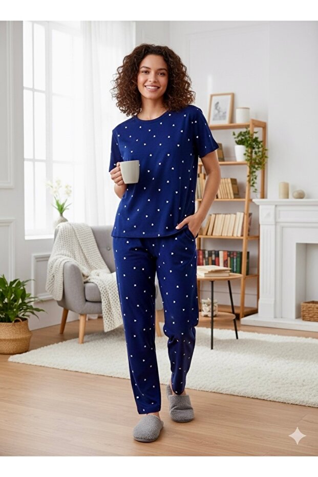 Kadın Kalp Baskılı Lacivert Pijama Takımı - Kalpli Desenli - 1