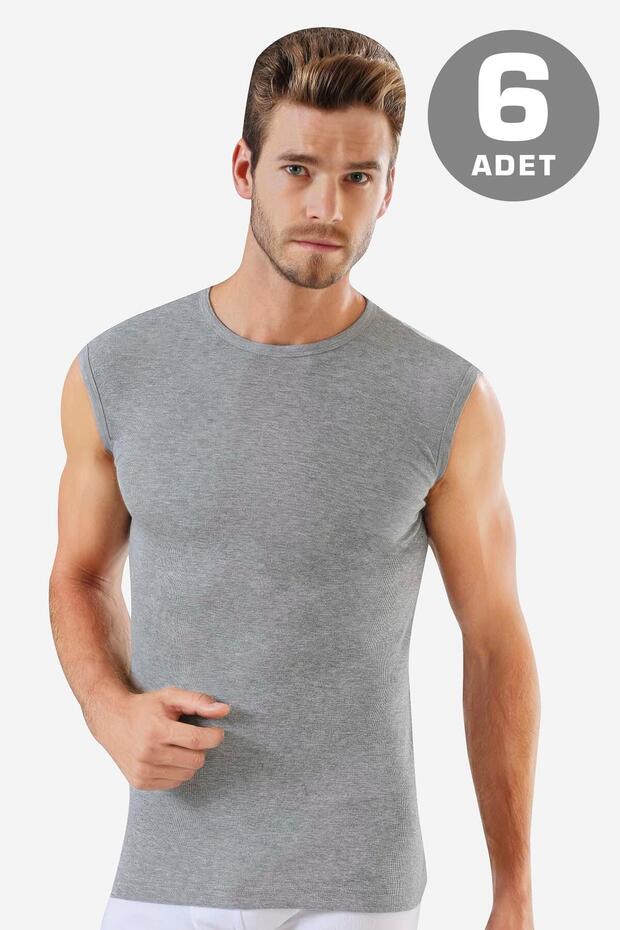 6 Pieces Gray Sleeveless Men's Athlete Round Neck Zero Sleeve T-Shirt 100% Cotton
