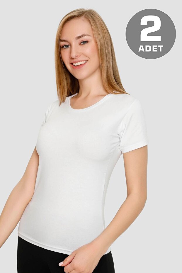 White 2-Piece Women's T-Shirt Lycra Short Sleeve Crew Neck Undershirt