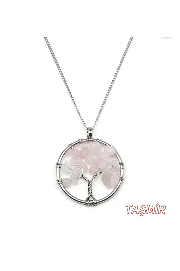 Pink Quartz Tree of Life Natural Stone Necklace