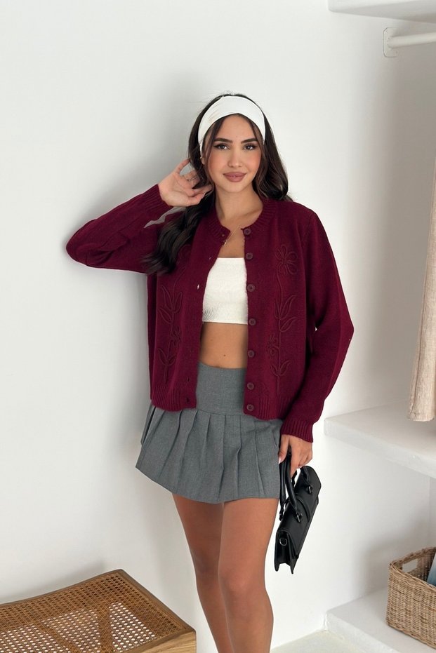 Pattern Embroidered Soft Textured Knitwear Cardigan Aw25Hi0020