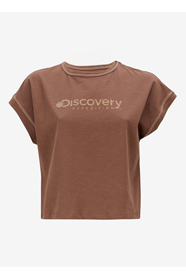 D5SL-TST3571 Kahve Bisiklet Yaka Relaxed Baskılı Kadın T-Shirt - 1