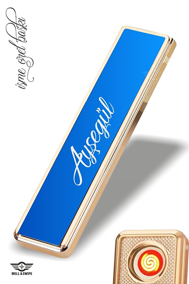 Kişiye Özel Isim Baskılı Çakmak Şarjlı Usbli Dokunmatik Mavi Elektronik Çakmak - 1