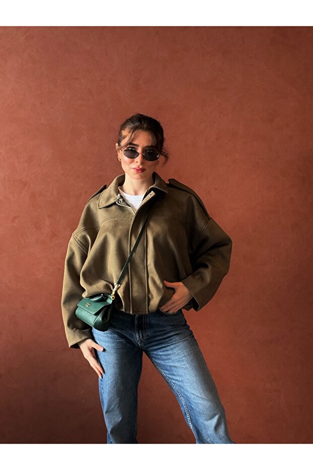 Women's Khaki Pocket Detailed Suede Bomber Jacket