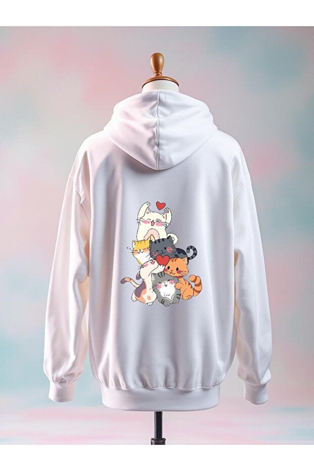 Cat Printed Cotton 3 Yarn Oversized White Sweatshirt