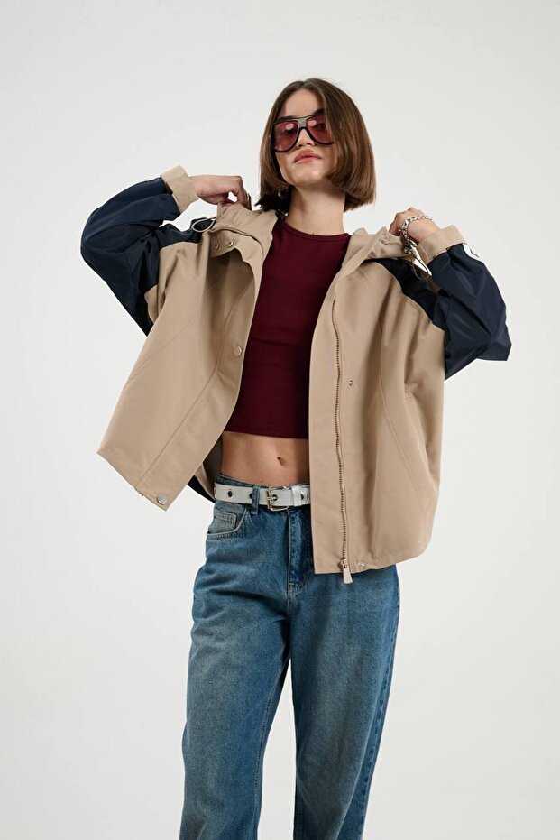 Şeritli Parka Oversize Kadın Yağmurluk - 5