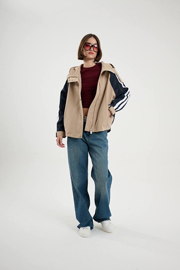 Şeritli Parka Oversize Kadın Yağmurluk - 6