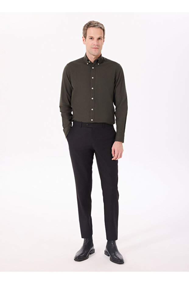 Slim Fit Gömlek Yaka Koyu Kahve Erkek Gömlek HM3010028 - 2