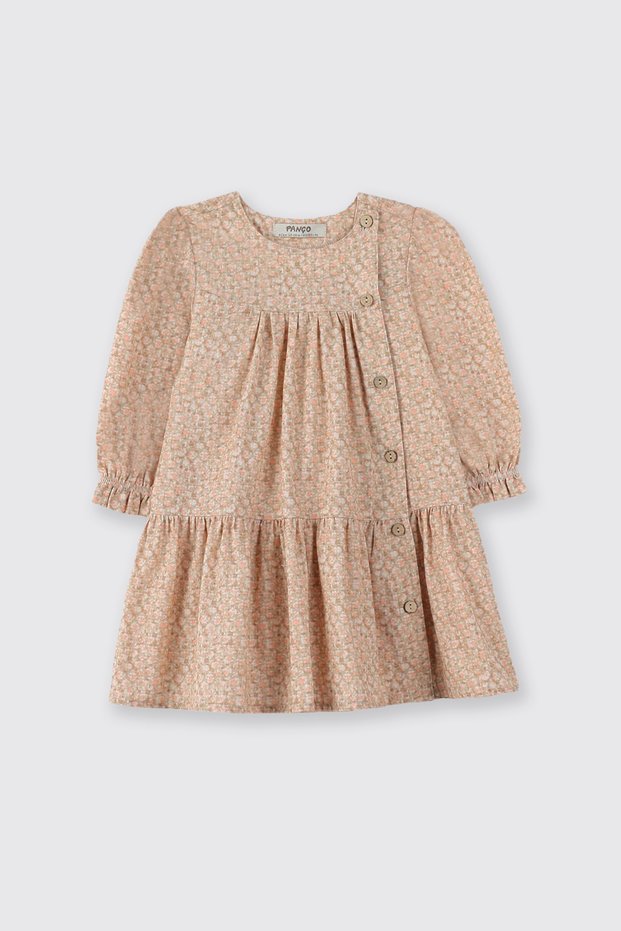 Baby Girl Elastic Waist Embroidery Detailed Floral Patterned Beige Dress