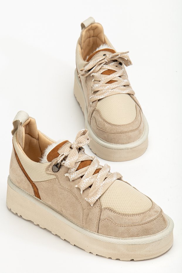 Women's Thick Sole Lace-Up Casual Sneaker Shoes Remi Beige Suede