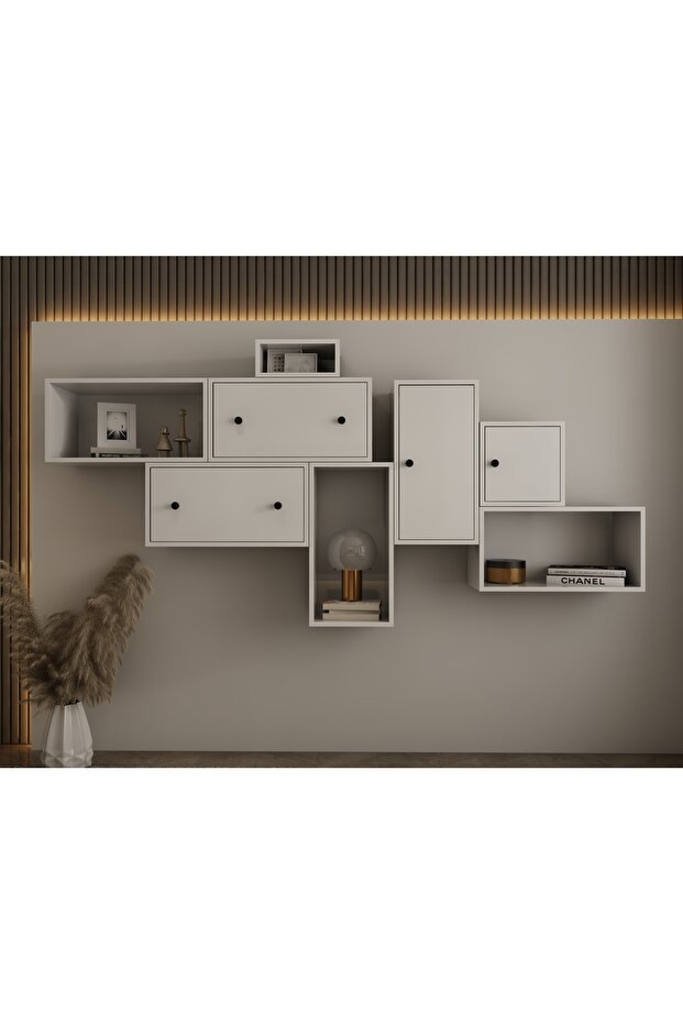 Modüler Duvar Ünitesi 4 Kapaklı Açık Raflı Çok Amaçlı Dolap - 1