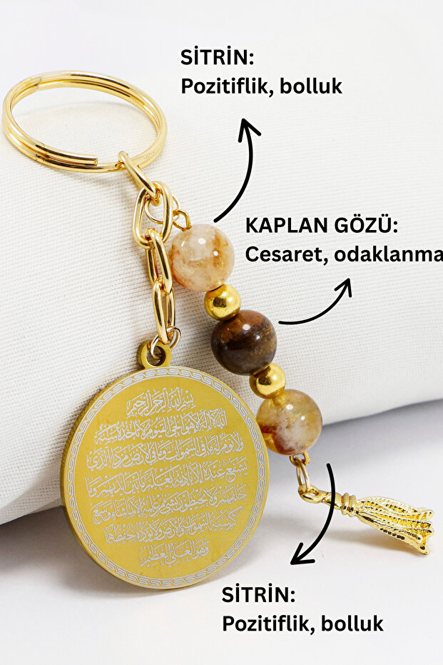 Steel Double-Sided Ayetel Kursi Evil Eye Verse Keychain, Natural Stone Tiger's Eye, Citrine Stone