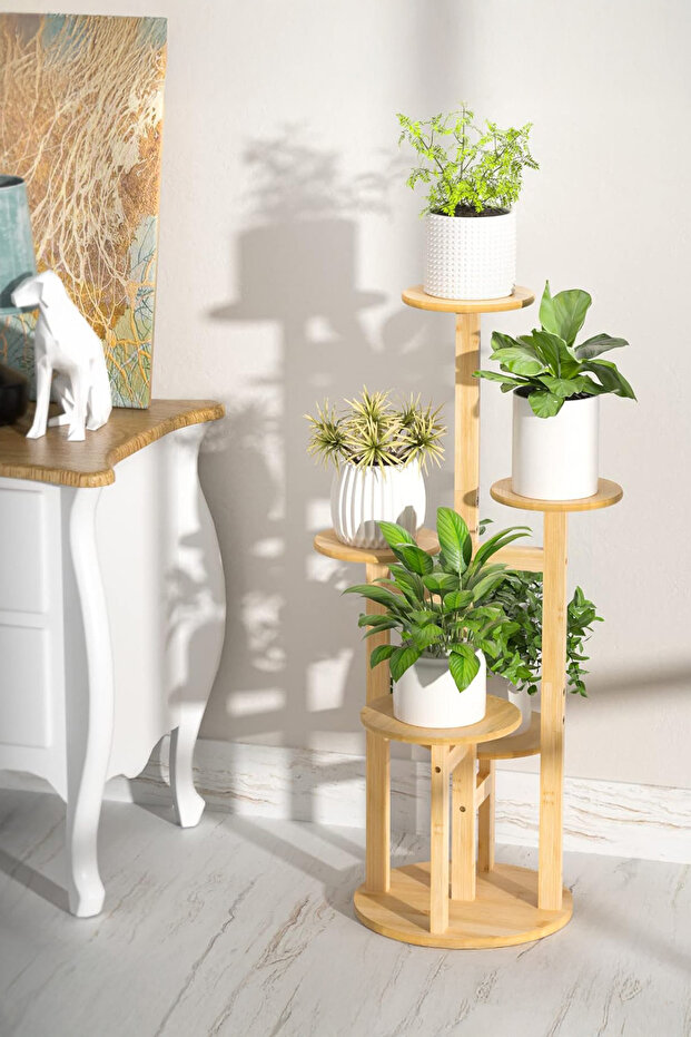 Bambu Yuvarlak Form 5 Raflı Saksılık Saksı Standı Çiçeklik Organizer DB-0036 - 1