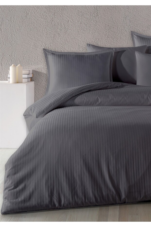 100% Cotton Satin Stripe Flounce Single Duvet Cover Set Dark Gray 160X220 cm