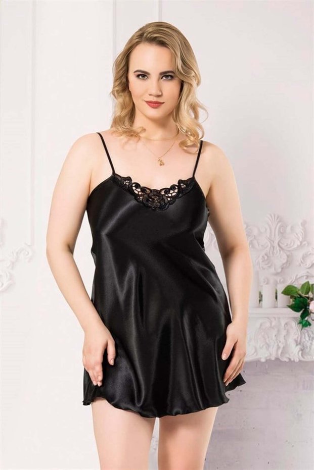 Stylish Design Soft Texture Plus Size Lace Embroidered Black Short Satin Gec - Ssssss9328-5