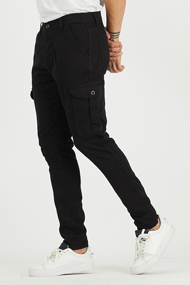 Men's High Waist Stretchy Black Baggy Cargo Pocket Trousers