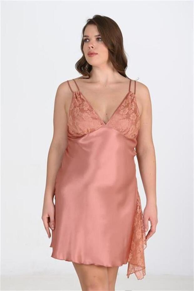 Premium Plus Size Lace Embroidered Copper Satin Nightgown - Ssssss7142-2162