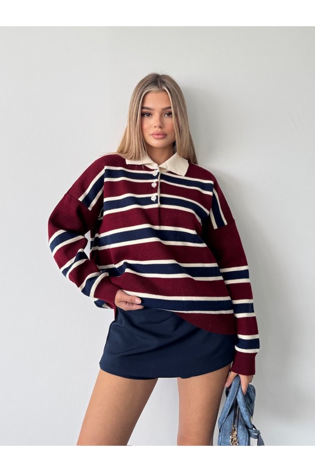 Women's Burgundy Polo Neck Striped Knit Sweater